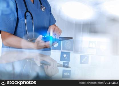 Medicine doctor hand shows tablet computer with medical computer interface as concept