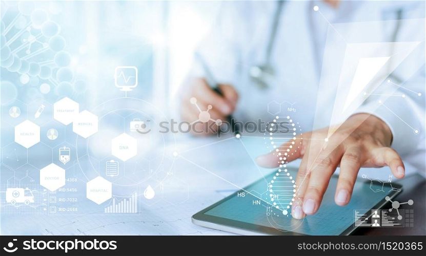 Medicine doctor hand touching computer interface as medical network connection with modern virtual screen, medical technology network concept
