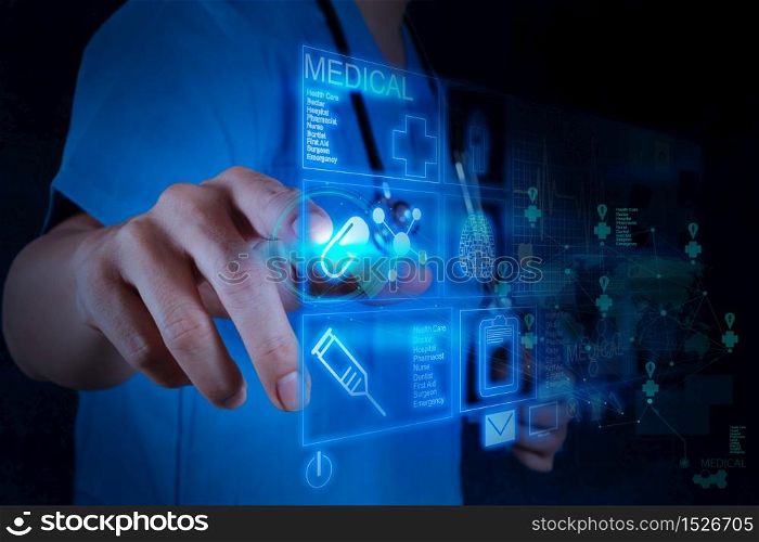 Medicine doctor hand working with modern computer interface as concept