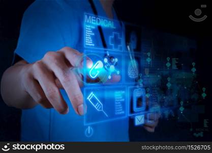 Medicine doctor hand working with modern computer interface as concept