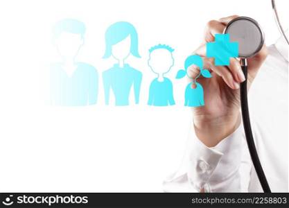 Medicine doctor hand working with modern computer interface as family medical concept