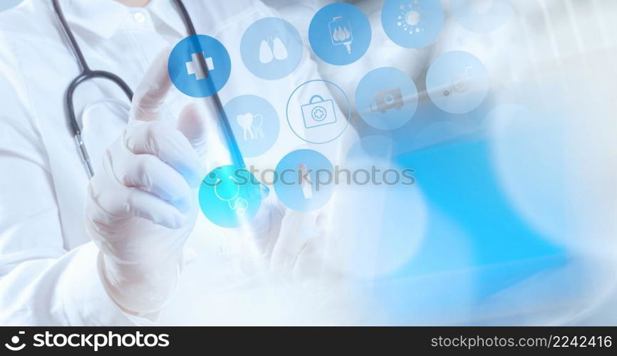 Medicine doctor hand working with modern computer interface as medical concept