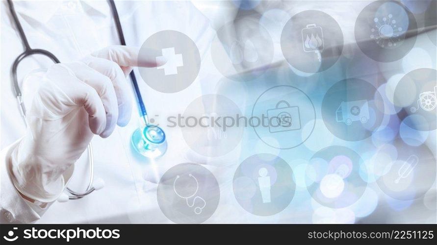 Medicine doctor hand working with modern computer interface as medical concept 