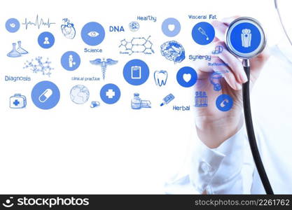 Medicine doctor hand working with modern computer interface as medical concept