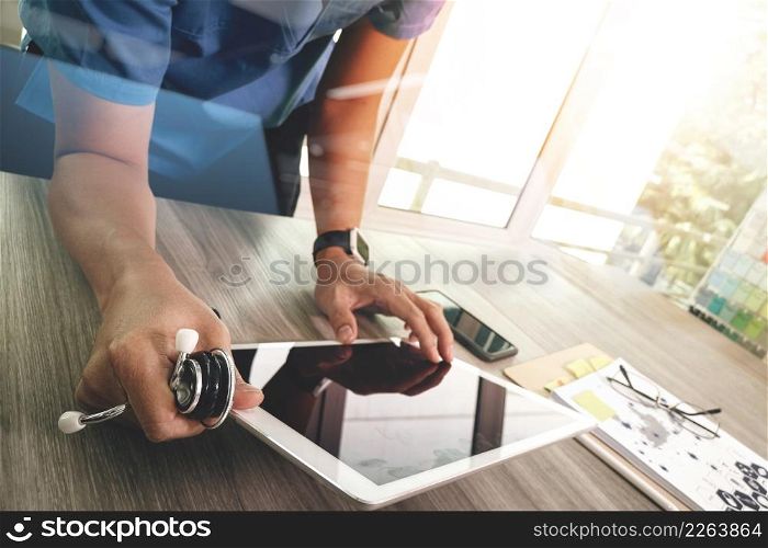 Medicine doctor hand working with modern digital tablet computer interface as medical network concept