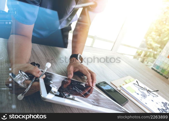 Medicine doctor hand working with modern digital tablet computer interface as medical network concept