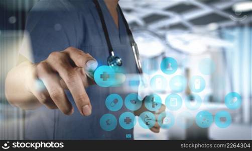 Medicine doctor hand working with modern digital tablet with computer interface as medical network concept