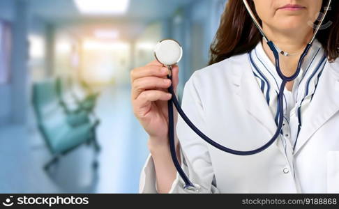Medicine doctor with stethoscope in hand with the hospital background. Medical and Healthcare concept.