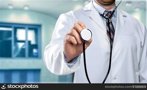 Medicine doctor with stethoscope in hand with the hospital background. Medical and Healthcare concept.