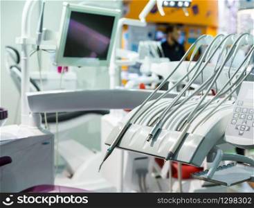 Medicine equipment, dentist, stomatology, dental seat nobody. Tooth care mouth hygiene. Medicine, dentist, stomatology, dental seat nobody