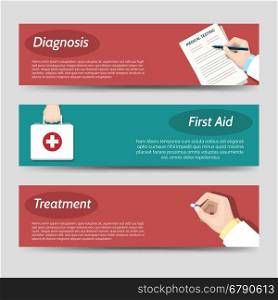 Medicine flat banners set. Medicine flat banners set with writing doctor hand first aid and treatment. Vector illustration