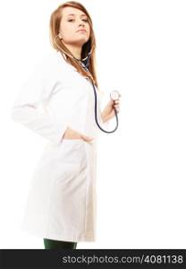 Medicine. Full length of woman in lab coat. Doctor with stethoscope isolated on white. Health care.