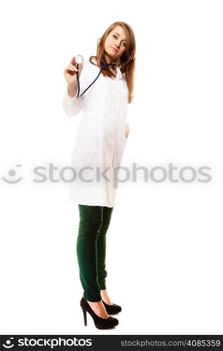 Medicine. Full length of woman in lab coat. Doctor with stethoscope isolated on white. Health care.