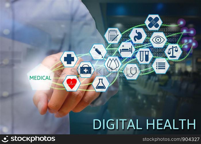 Medicine hand pointing medical text on screen with modern fiber optic network, Digital health concept.