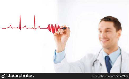medicine, health and hospital concept - male doctor drawing heart and cardiogram in the air with marker