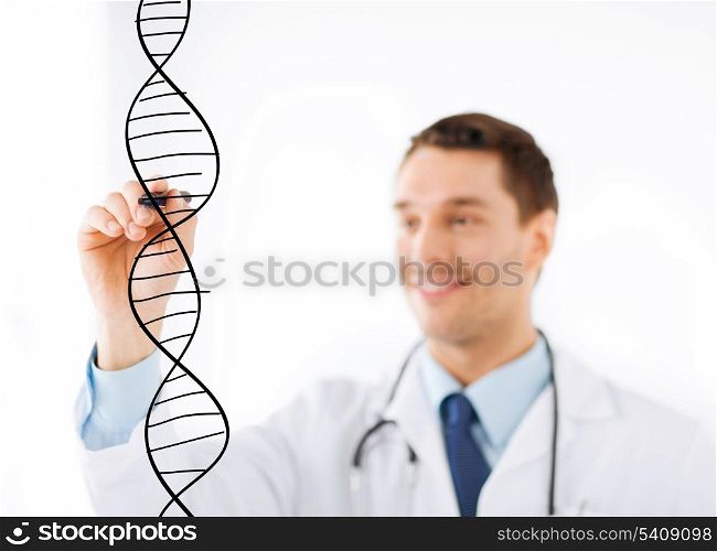 medicine, health and hospital concept - smiling doctor drawing dna molecule on virtual screen