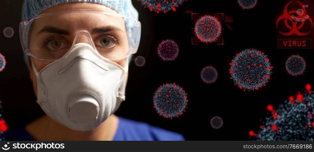 medicine, health and pandemic concept - close up of doctor or nurse wearing goggles, hat and face mask or respirator for protection from virus disease over coronavirus virions on black background. doctor in goggles and protective face mask