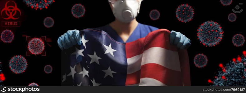 medicine, health and pandemic concept - close up of doctor or nurse wearing goggles and face mask for protection from virus holding flag of america over coronavirus virions on black background. doctor in goggles and mask holding flag of america