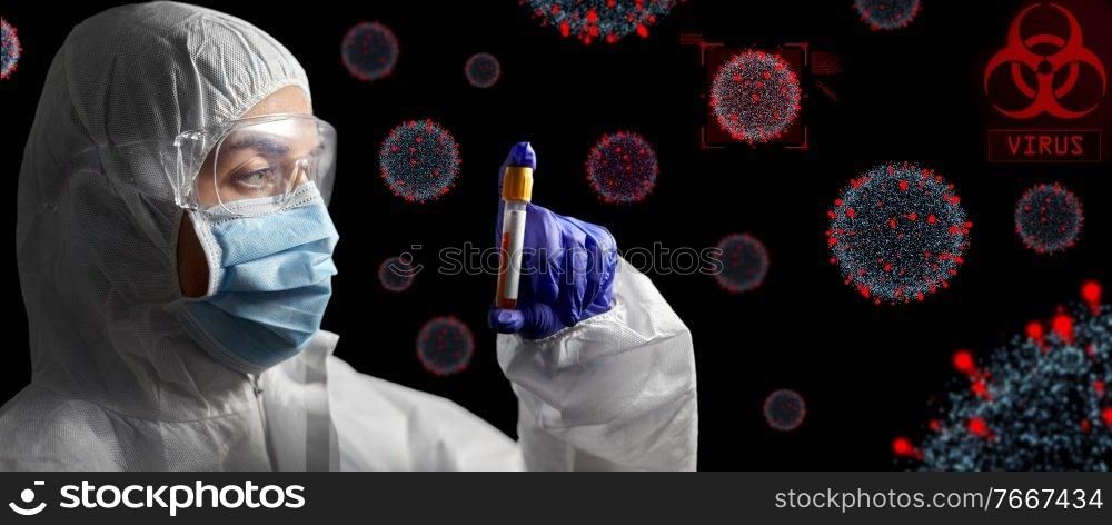 medicine, health and pandemic concept - close up of doctor or scientist in face protective medical mask, goggles and gloves holding beaker with virus test over coronavirus virions on black background. scientist in protective mask with test tube
