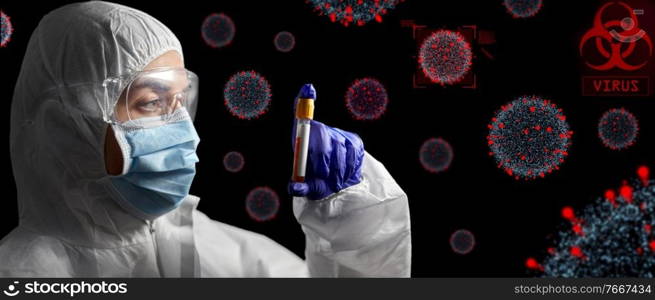 medicine, health and pandemic concept - close up of doctor or scientist in face protective medical mask, goggles and gloves holding beaker with virus test over coronavirus virions on black background. scientist in protective mask with test tube