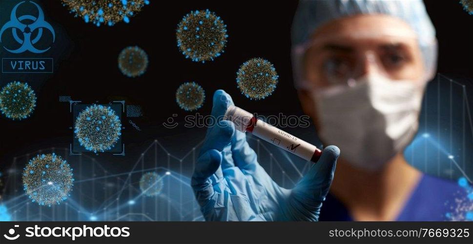 medicine, health and pandemic concept - close up of female doctor or nurse wearing goggles, glove and face protective mask holding beaker with coronavirus blood test over virions on black background. doctor holding beaker with coronavirus blood test