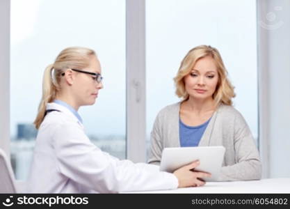 medicine, health care and people concept - doctor with tablet pc computer and unhappy ill woman meeting at hospital