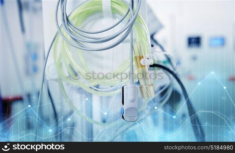 medicine, health care, electrocardiography, emergency and medical equipment concept - sensors at hospital ward or operating room. sensors at hospital ward or operating room