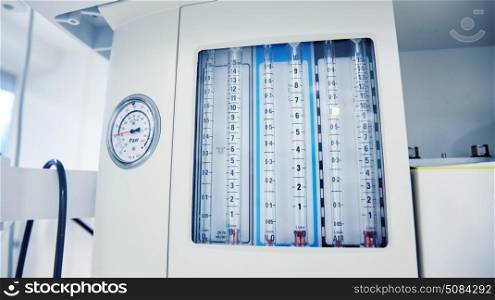 medicine, health care, emergency and medical equipment concept - anesthesia machine at hospital ward or operating room. anesthesia machine at hospital operating room. anesthesia machine at hospital operating room