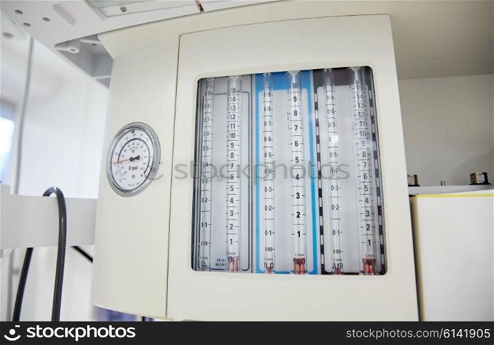 medicine, health care, emergency and medical equipment concept - anesthesia machine at hospital ward or operating room