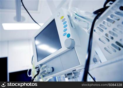 medicine, health care, emergency and medical equipment concept - extracorporeal life support machine at hospital ward or operating room. life support machine at hospital operating room. life support machine at hospital operating room