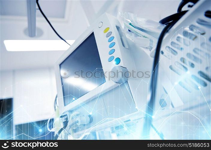 medicine, health care, emergency and medical equipment concept - extracorporeal life support machine at hospital ward or operating room. life support machine at hospital operating room