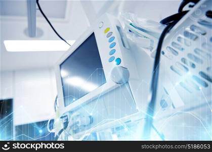 medicine, health care, emergency and medical equipment concept - extracorporeal life support machine at hospital ward or operating room. life support machine at hospital operating room