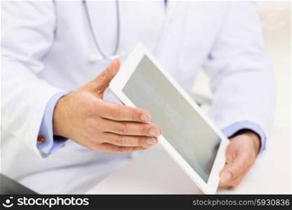 medicine, health care, people and technology concept - close up of f male doctor hands with tablet pc computer blank screen