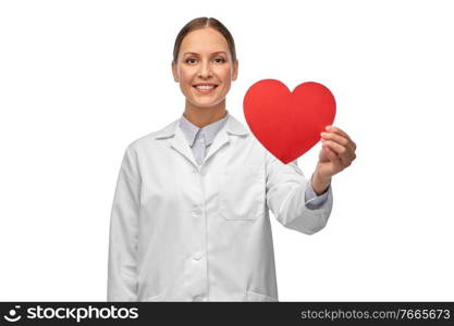 medicine, healthcare and cardiology concept - smiling female doctor with red heart. smiling female doctor with heart