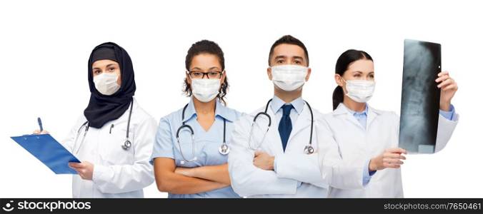 medicine, healthcare and people concept - group of doctors wearing face protective medical masks for protection from virus disease with stethoscopes and x-ray over white background. doctors in masks with stethoscopes and x-ray