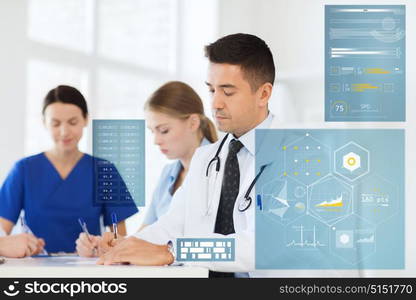 medicine, healthcare, technology and people concept - group of doctors meeting and taking notes at hospital. group of doctors at hospital writing