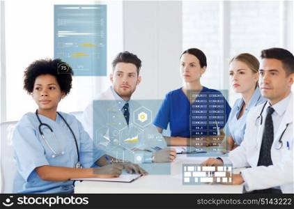 medicine, healthcare, technology and people concept - group of happy doctors meeting on conference at hospital. group of happy doctors on conference at hospital