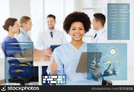 medicine, healthcare, technology and people concept - happy african american female doctor with tablet pc computer over group of medics meeting at hospital showing thumbs up gesture. doctor with tablet pc at clinic showing thumbs up