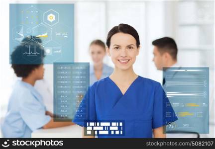 medicine, healthcare, technology and people concept - happy female doctor or nurse over group of medics meeting at hospital. happy smiling doctor or nurse at hospital