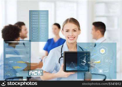 medicine, healthcare, technology and people concept - happy female doctor or nurse showing diagram chart on tablet pc computer screen over group of medics meeting at hospital. happy doctor with chart on tablet pc at hospital