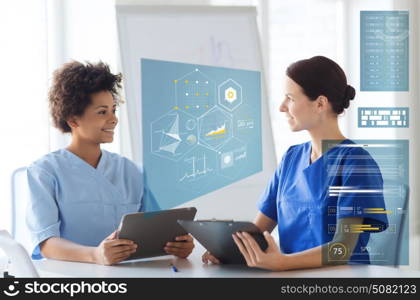 medicine, healthcare, technology and people concept - happy female doctors with tablet pc computer and clipboard meeting at medical office. doctors with tablet pc and clipboard at hospital
