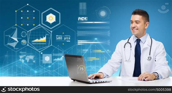 medicine, healthcare, technology and people concept - smiling male doctor with laptop over blue background and virtual charts. male doctor with laptop over virtual charts