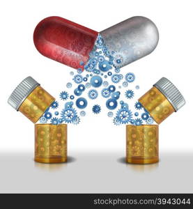 Medicine interaction and multipurpose drug or safety concerns of combining pharmaceutical drug or medicinal supplements concept as two bottles of prescription drugs coming together to create a new medical pill.