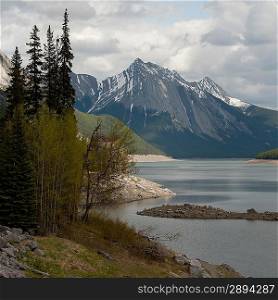 Medicine Lake with mountains in background, Jasper National Park, Alberta, Canada