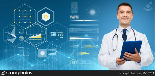 medicine, people and healthcare concept - smiling male doctor with clipboard and stethoscope over blue background and virtual charts. smiling male doctor with clipboard and stethoscope
