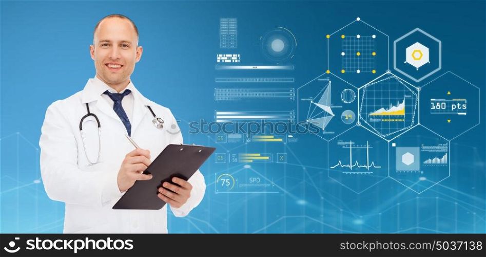 medicine, people and healthcare concept - smiling male doctor with clipboard and stethoscope over blue background and virtual charts. doctor with clipboard, stethoscope and charts