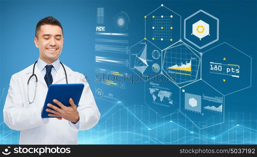 medicine, people and healthcare concept - smiling male doctor with clipboard and stethoscope over blue background and virtual charts. smiling male doctor with clipboard and stethoscope