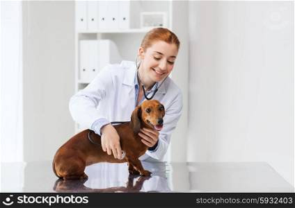 medicine, pet, animals, health care and people concept - happy veterinarian doctor with stethoscope examining dachshund dog at vet clinic
