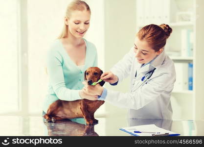 medicine, pet, animals, health care and people concept - happy woman with dachshund and veterinarian doctor brushing dog teeth with toothbrush at vet clinic