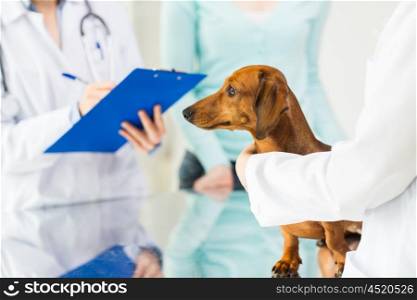 medicine, pet care and people concept - close up of dachshund dog and veterinarian doctor with clipboard taking notes at vet clinic